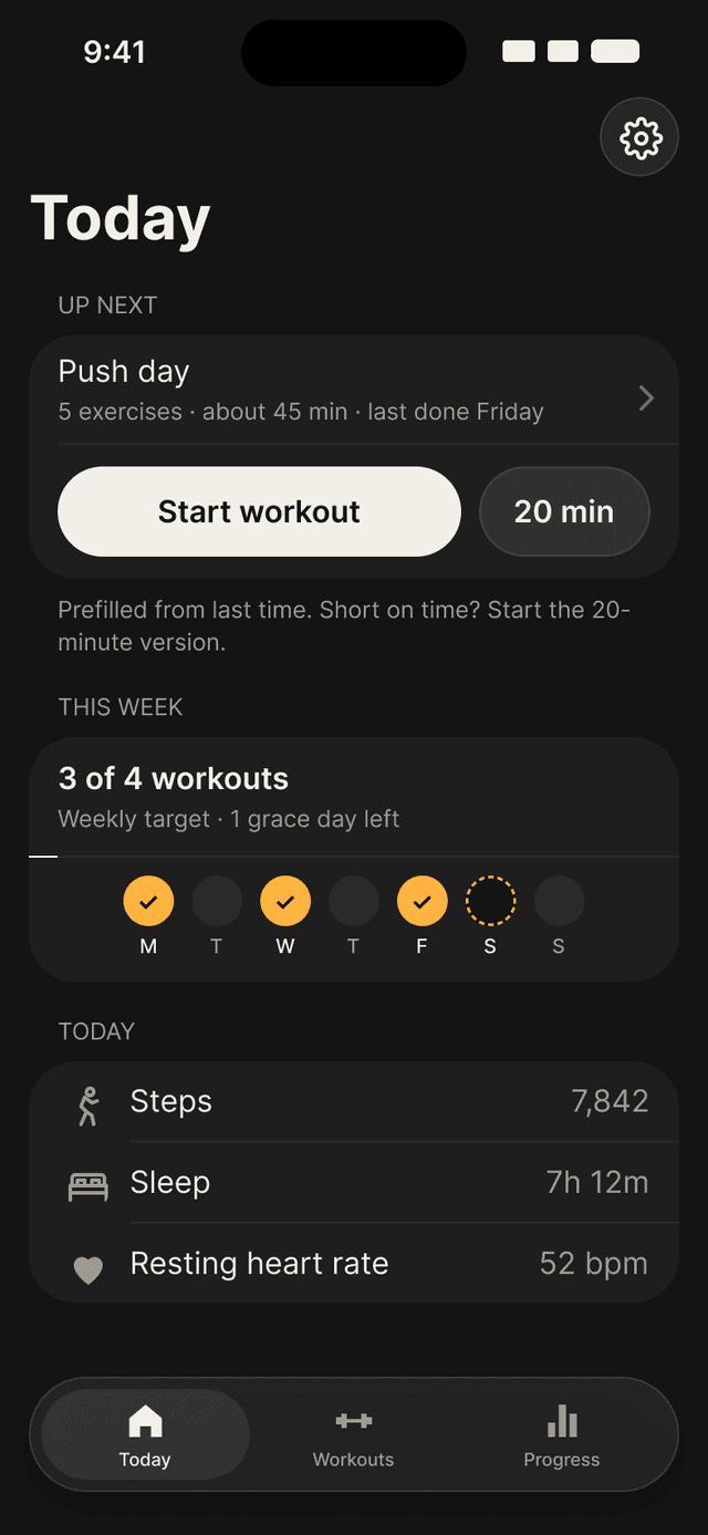 Today on iPhone. Push day is next, with a weekly target and one grace day left.